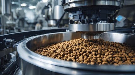 Stunning photo of automated machinery dispenses dry pet food kibble into large stainless steel bowl. Industrial food production line shows efficient manufacturing process with.