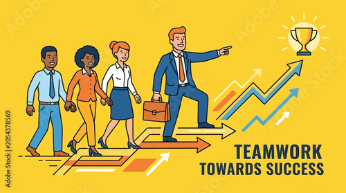 Business people collaborating on a project, demonstrating teamwork and moving towards a golden trophy symbolising success and achievement