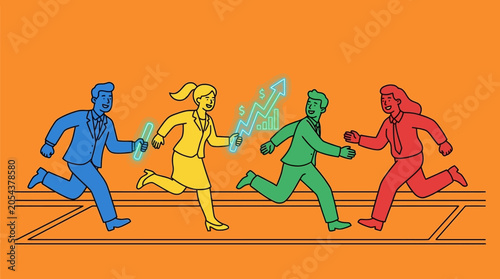 Business competition illustration of teams running a relay race passing on data insights for success