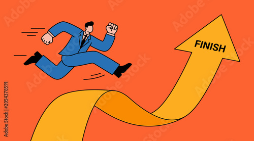 Businessman racing towards the finish line on an upward trending arrow symbolizing success and achievement