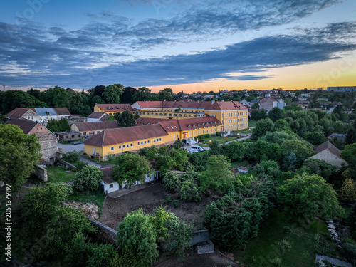 Aerial view of Belcredi Castle in Brno-Lisen at sunset, Czech Republic