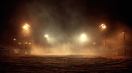 Stunning photo of desolate rodeo arena illuminated by bright lights and lingering smoke. Concept Rodeo Arena, Bright Lights, Smoke, Desolate Setting.