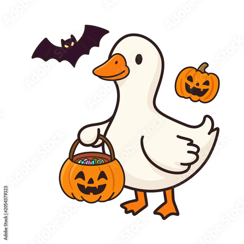 Cute Halloween Goose Holding Pumpkin Candy Bucket Trick Or Treat Isolated PNG