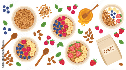 Fotografie Healthy breakfast oat cereal with fruits and nuts set.