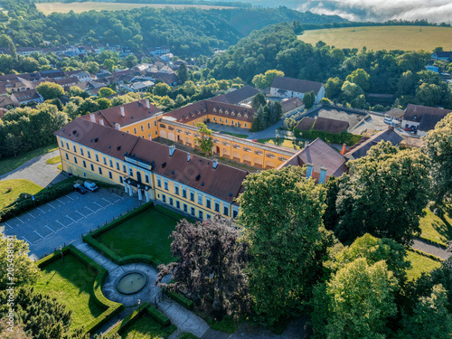 Aerial view of Belcredi Castle with courtyard and garden, Brno, Czech Republic.