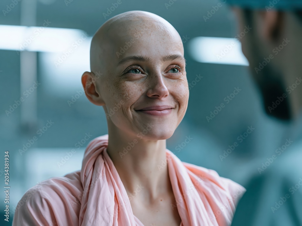 Fototapeta premium Young woman with alopecia smiling warmly while looking at someone off-camera