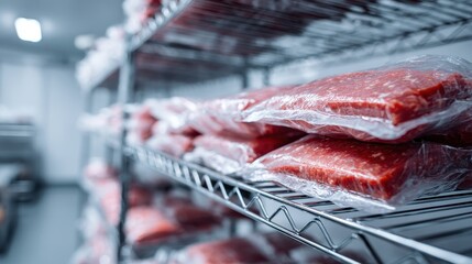 Stunning photo of vacuum-sealed packs of fresh raw beef meat on industrial wire shelves in a commercial cold storage room or walk-in freezer.