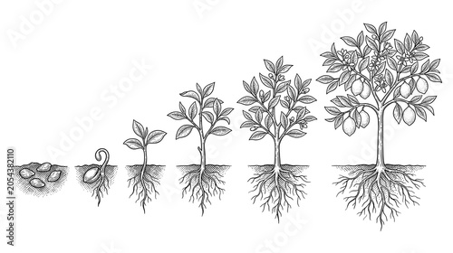 Foto Line art of lemon tree growth from seed to big plants.