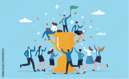 Team success winning trophy, reach business goal together, teamwork or partnership to win or succeed, motivation or leadership concept, business people greeting victory on winning success trophy