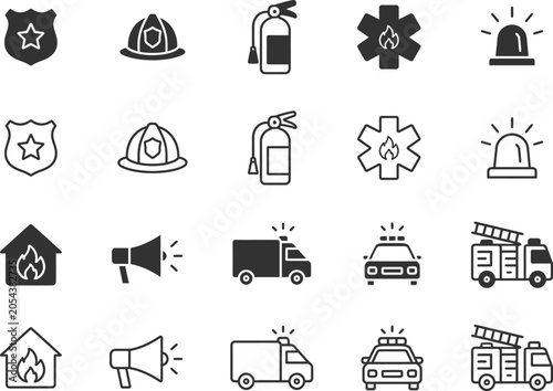 20 icon set editable stroke and filled minimal vector illustrations for emergency services and fire safety