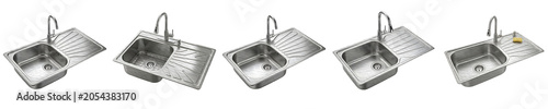 Schilderij op canvas Stainless Steel Kitchen Sink Set: Modern Single Bowl Sinks with Gooseneck Faucets and Drainboards in Various Angles, Isolated on White Background for Interior Design