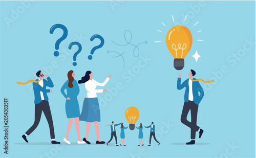 Question answer, advice or suggestion, solving problem with solution, q and a or faq, quiz or solution discovery, information guidance concept, businessman offer solution for people question marks