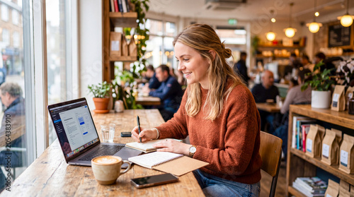 Smiling Woman Working on Laptop in Cozy Coffee Shop