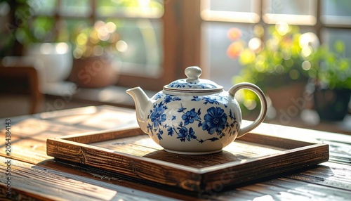 A delicate blue and white floral ceramic teapot sits on a wooden tray near a sunlit window.