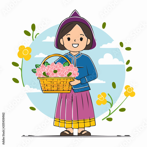 Cartoon Girl Holding Basket of Pink Flowers