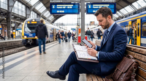 Businessman Using Phone at Train Station Platform