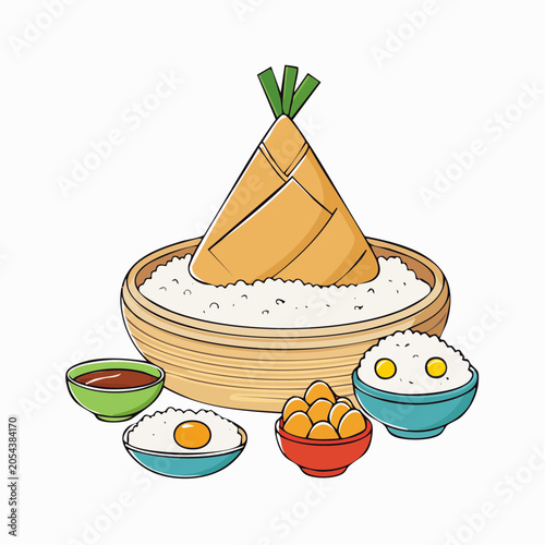 Cartoon illustration of a traditional Asian rice dumpling meal