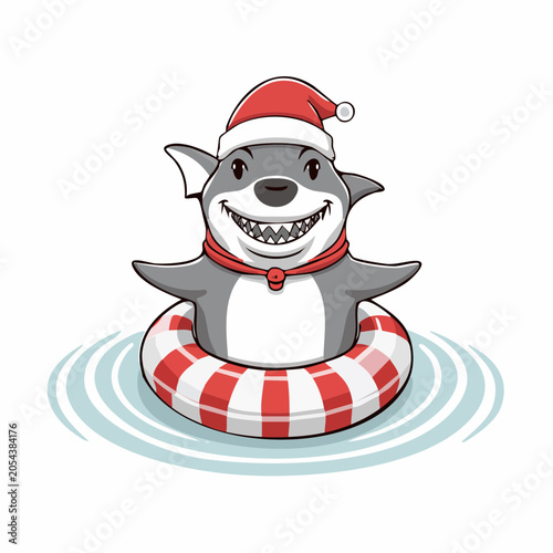 Cartoon Shark Wearing Santa Hat and Scarf in a Swim Ring
