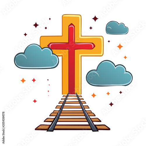 Christian cross with railroad tracks leading to heaven