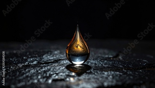 A single droplet of mercury shimmering on a textured surface, capturing light and reflection in a macro view.