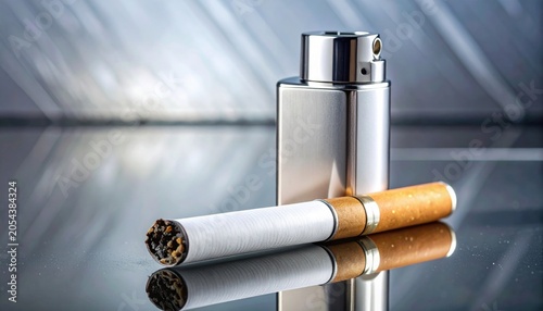 A single filtered cigarette rests near a sleek metallic object, reflecting on a smooth surface