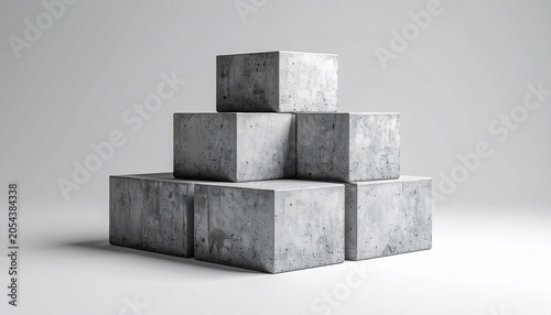 A stack of grey concrete blocks arranged in a pyramid formation against a light background