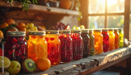 A Vibrant Collection of Old Mason Jars Filled with Delicious Homemade Fruit Preserves and Jams in Warm Sunlight