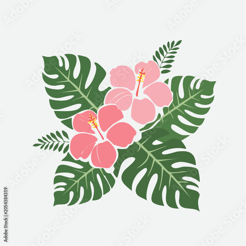 Pink Hibiscus Flowers with Green Tropical Leaves