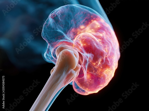 Close-up 3D rendering of a human hip joint with inflammation and pain