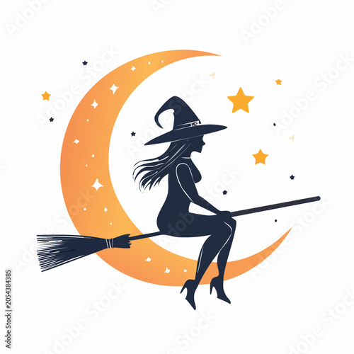 Silhouette of a witch flying on a broomstick across the moon