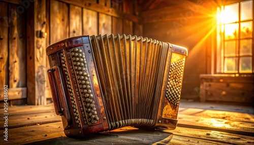 An antique accordion with weathered bellows rests on a rustic wooden surface bathed in warm sunlight