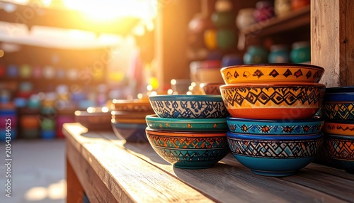 An array of colorful Moroccan ceramic bowls with intricate patterns displayed on a wooden surface bathed in warm sunlight.