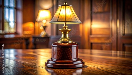 An Elegant Polished Brass and Wood Table Lamp Illuminating a Study
