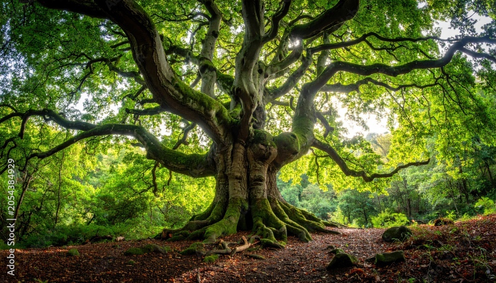 Fototapeta premium An ancient, gnarled beech tree with mossy bark and spreading branches bathed in dappled sunlight