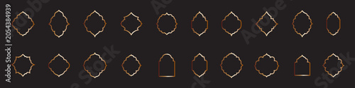 Line art Set of gold ornament arab windows and door. Islamic door set, flat arabic frames or arabian arches silhouette icon, Islamic arabesque pattern.