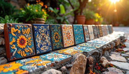 Row of hand-painted ceramic tiles with intricate patterns arranged in a garden setting