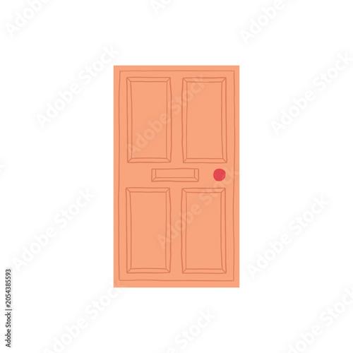Peach colored front door vector illustration, minimalist house entrance with red doorknob, hand drawn home exterior element on white background