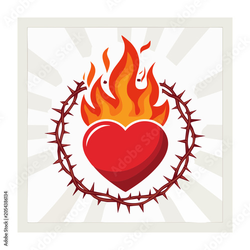 Sacred Heart with Crown of Thorns and Flame Vector