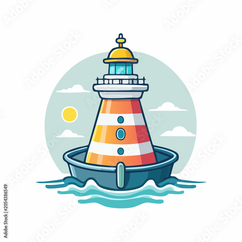 Cartoon Lighthouse on a Boat in the Sea