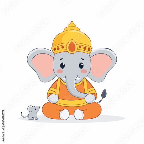 Cute cartoon Ganesha with a mouse