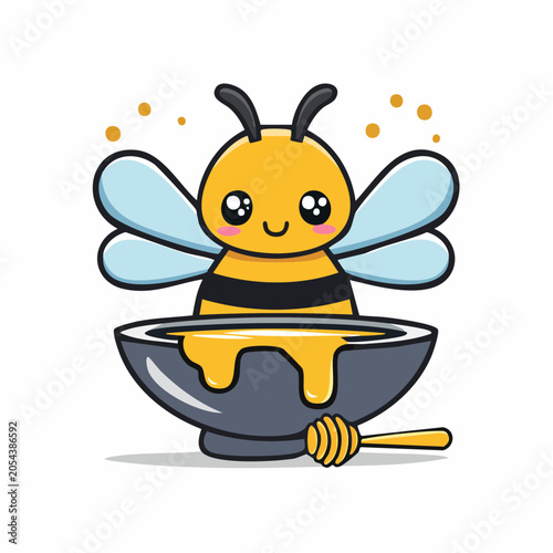 Cute Cartoon Bee with Honey Bowl