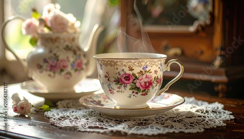 Ornate floral porcelain teacup and saucer with steaming hot tea on a lace doily