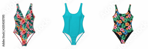 Konstfotografi Set Of Cyan Blue One-Piece Swimsuit Beachwear Apparel Isolated on Transparent Ba