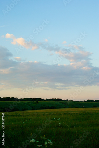 Clouds drift over green hills during early evening in a rural area