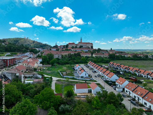 Aerial view of Mikulov Castle and Holy Hill landscape, Czech Republic