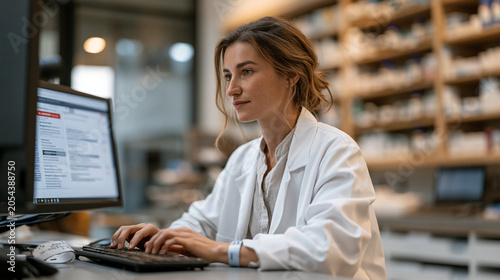 Pharmacist at a hospital dispensary terminal reviewing an AI drug interaction alert that has flagged a contraindication between two newly prescribed medications, urgent warning
