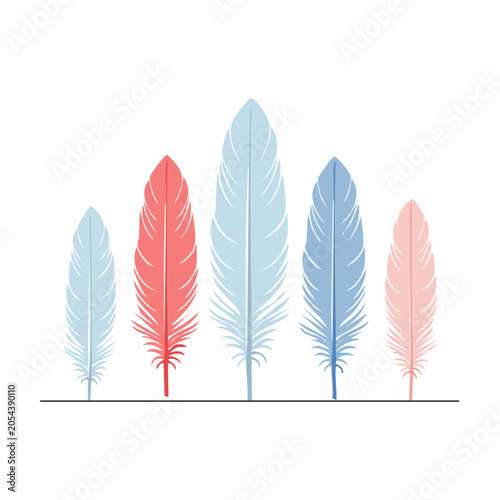 Set of five stylized feathers in pastel colors