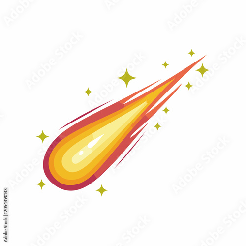 Stylized illustration of a fiery meteor with a comet tail and stars