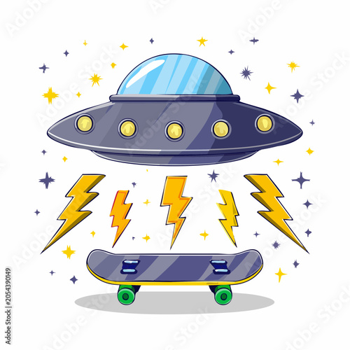 UFO Abducting Skateboard with Lightning and Stars