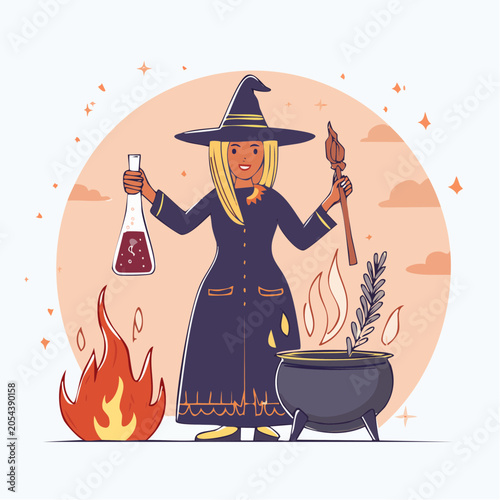 Witch Brewing Potion with Cauldron and Flask